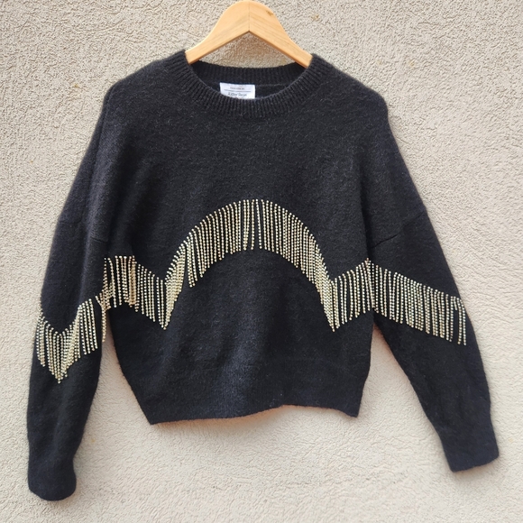 & OTHER STORIES Women’s Rhinestone Fringe Crop Sweater Small Black Wool Alpaca - Picture 1 of 10